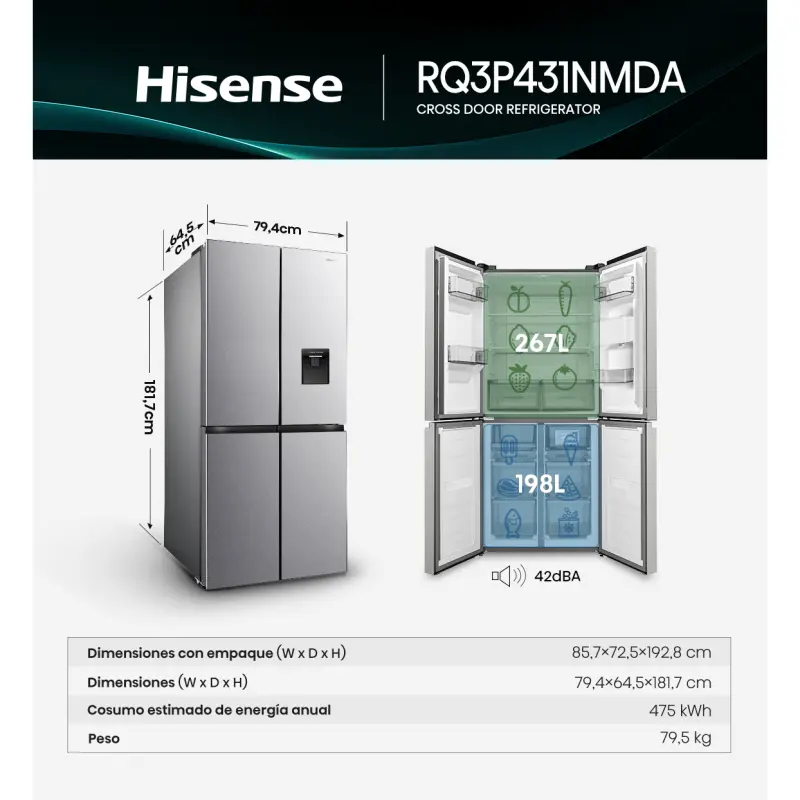 REFRIGERADORA FRENCH DOOR 14P³ INVERTER CON DISPENSADOR DE AGUA RQ3P431NMD
